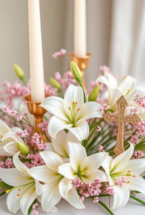 Christening centrepiece with white lilies and gold cross