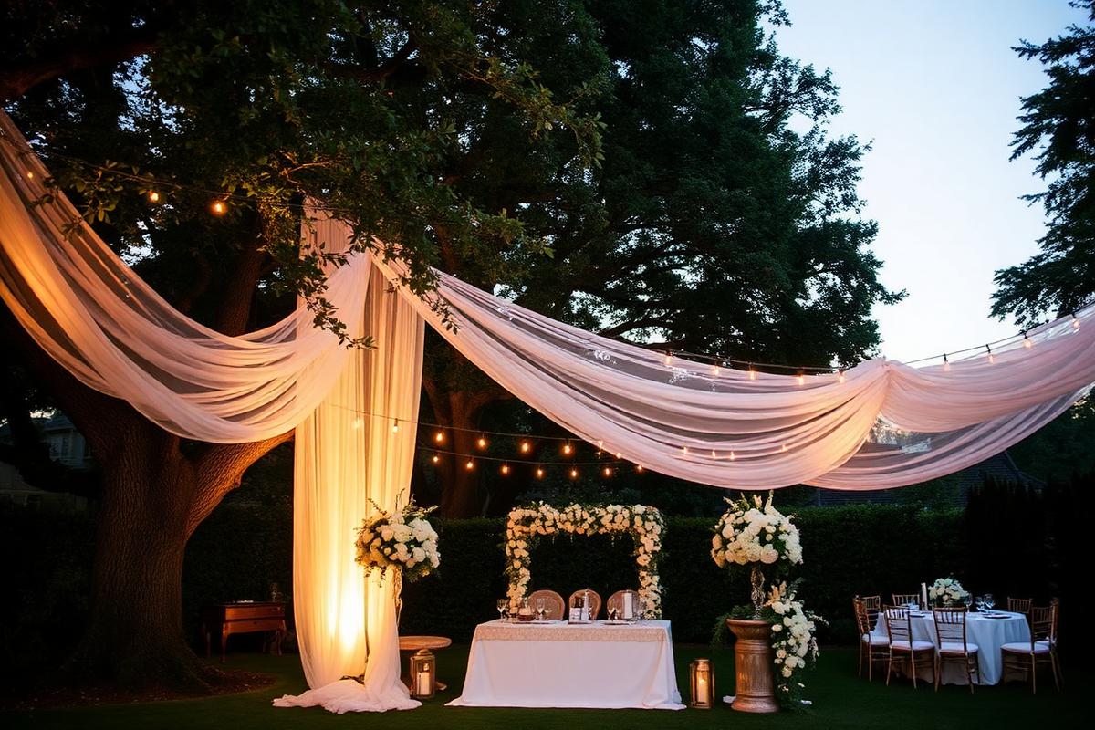 Outdoor garden gala with draped sheer fabric and string lights
