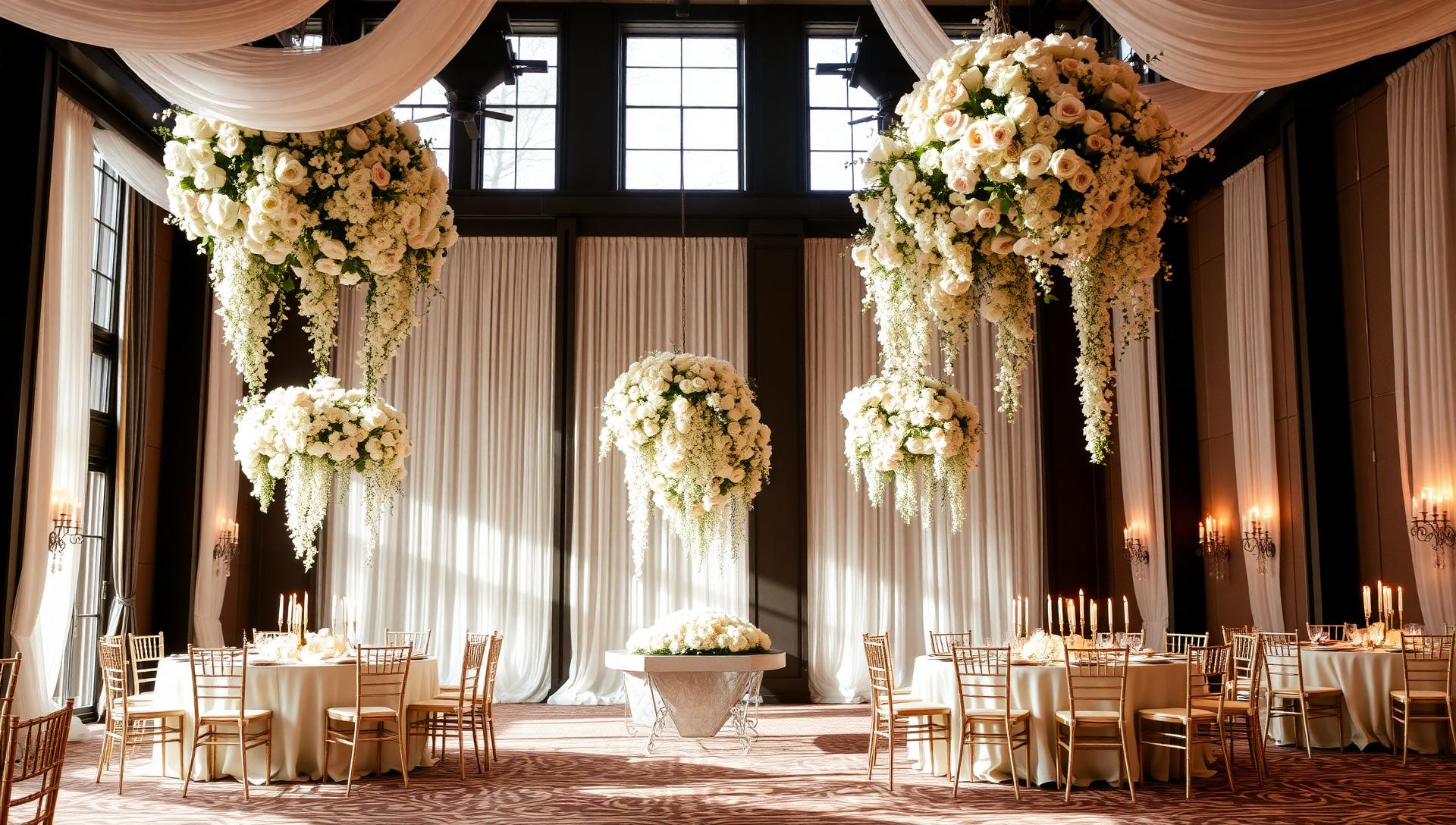 Grand ballroom with cascading floral installations by Valrolly Events